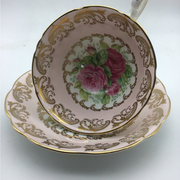RARE EB Foley pink Cabbage Rose with Gold Filigree teacup and Saucer.  signed - Picture 2 of 6